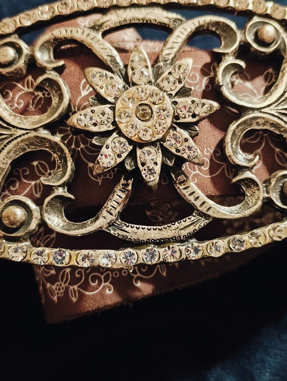 VTG Streets Ahead 90s Leather Western Belt Large Rhinestone Tooled Floral Boho
